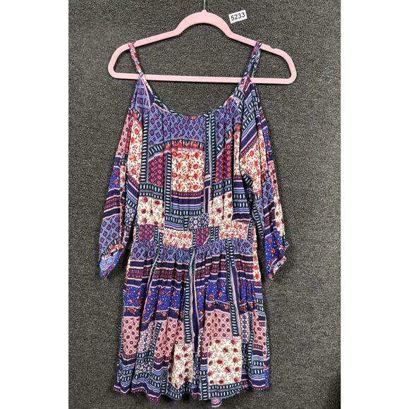 American Eagle Mini Dress Size M Patchwork Multicolor Cold Shoulder Keyhole Neck - Picture 2 of 12